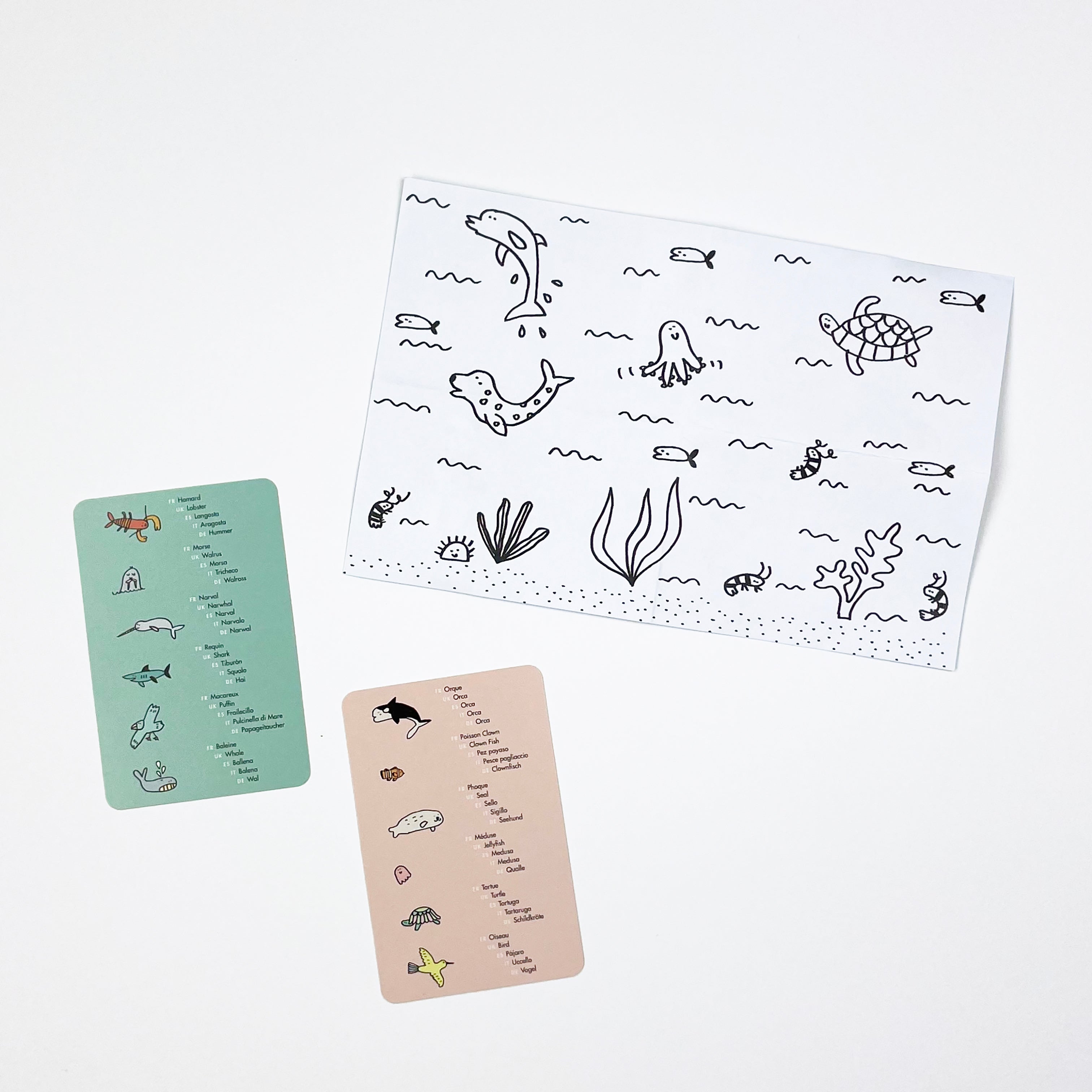 Découvrez notre Jeu de Cartes Mistigri, parfait pour jouer entre amis ou en famille, à la maison ou en vacances. Associez les paires de poissons, crustacés et algues tout en évitant le Mistigri, illustré par des déchets sur un fond marin. Ce jeu amusant et éducatif aide les enfants à comprendre l'importance de la préservation des océans.