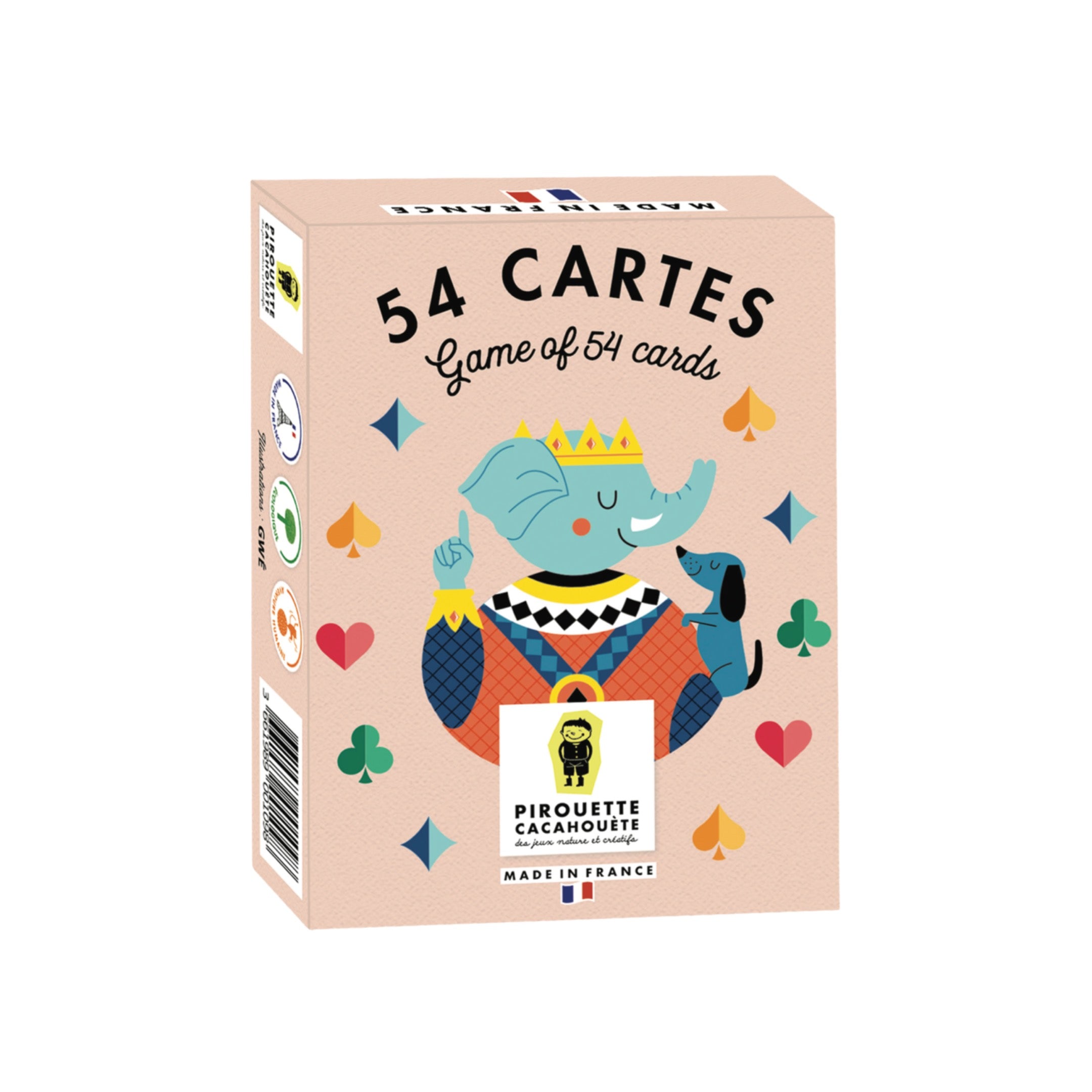 Découvrez notre jeu de 54 cartes, idéal pour des moments de convivialité entre amis ou en famille. Ce jeu coloré, parfait à la maison ou en vacances, présente les traditionnelles familles de cœur, carreau, pique et trèfle, apportant une touche classique à vos jeux de cartes favoris.