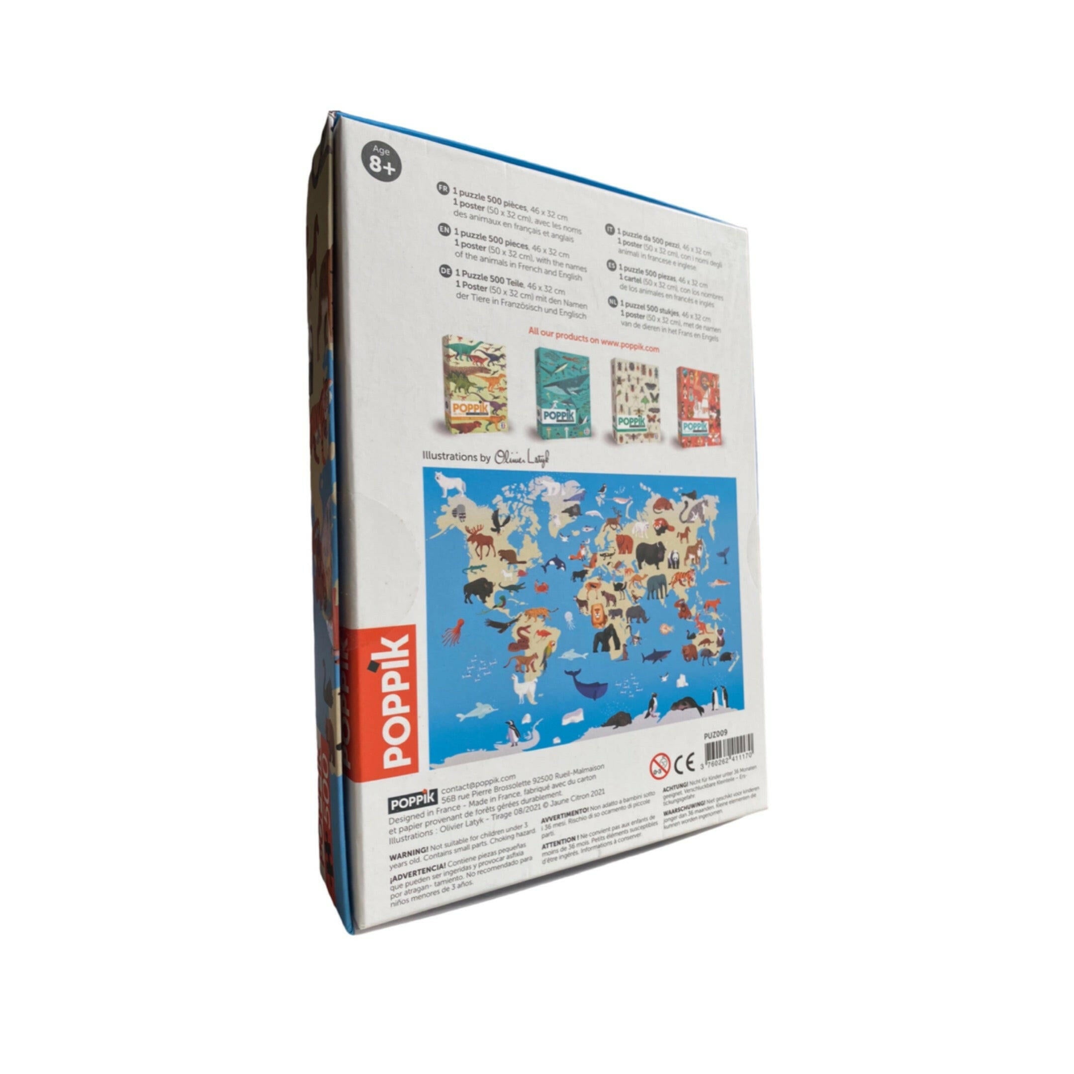 puzzle de 500 pièces "Animaux du Monde" par Poppik. Cette œuvre captivante reprend une image emblématique de l'un des posters Poppik, mettant en vedette une variété d'animaux emblématiques de tous les coins du globe.