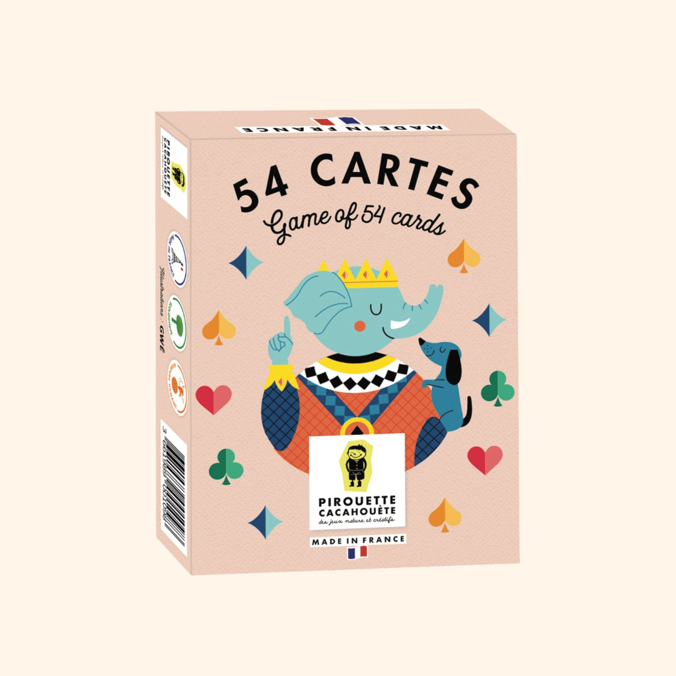 Découvrez notre jeu de 54 cartes, idéal pour des moments de convivialité entre amis ou en famille. Ce jeu coloré, parfait à la maison ou en vacances, présente les traditionnelles familles de cœur, carreau, pique et trèfle, apportant une touche classique à vos jeux de cartes favoris.