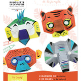 Amusez vos enfants avec les masques de la Jungle ! 4 masques d’animaux à fabriquer et à colorier. Système sans colle Elastiblock®. Éco-responsable, fabriqué en France.