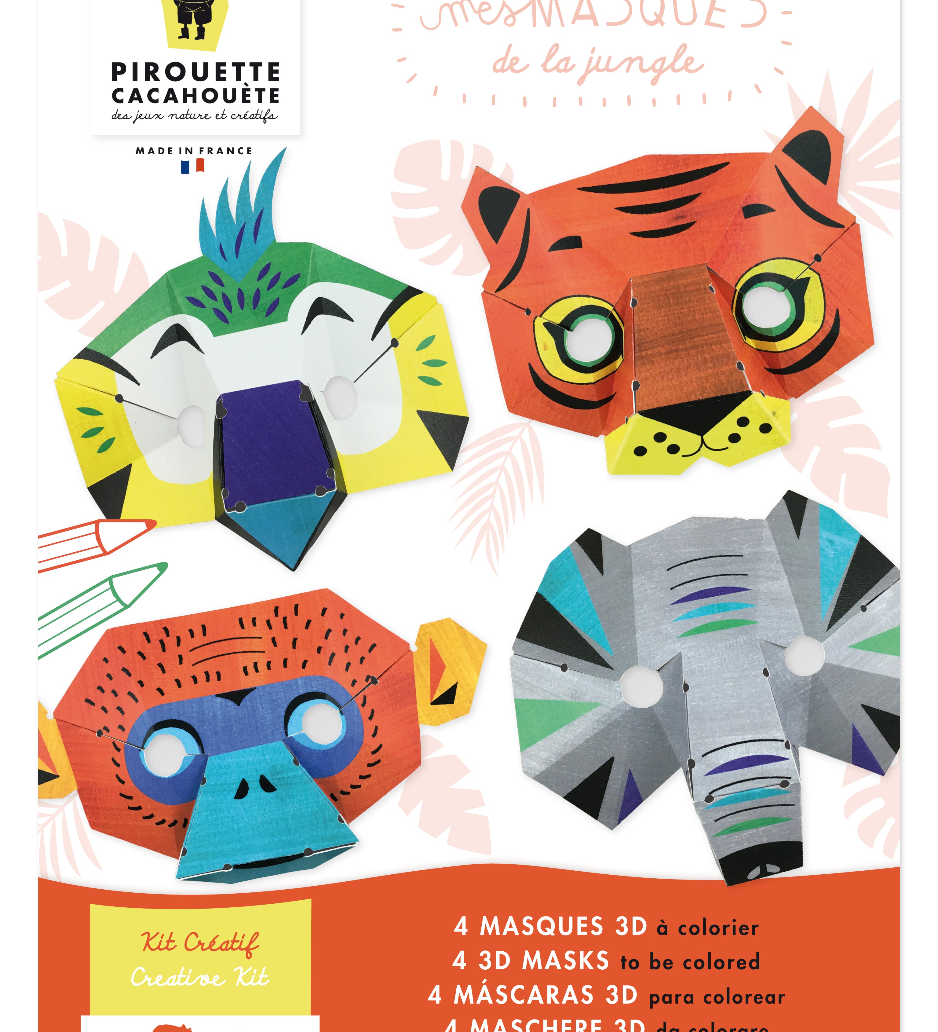 Amusez vos enfants avec les masques de la Jungle ! 4 masques d’animaux à fabriquer et à colorier. Système sans colle Elastiblock®. Éco-responsable, fabriqué en France.