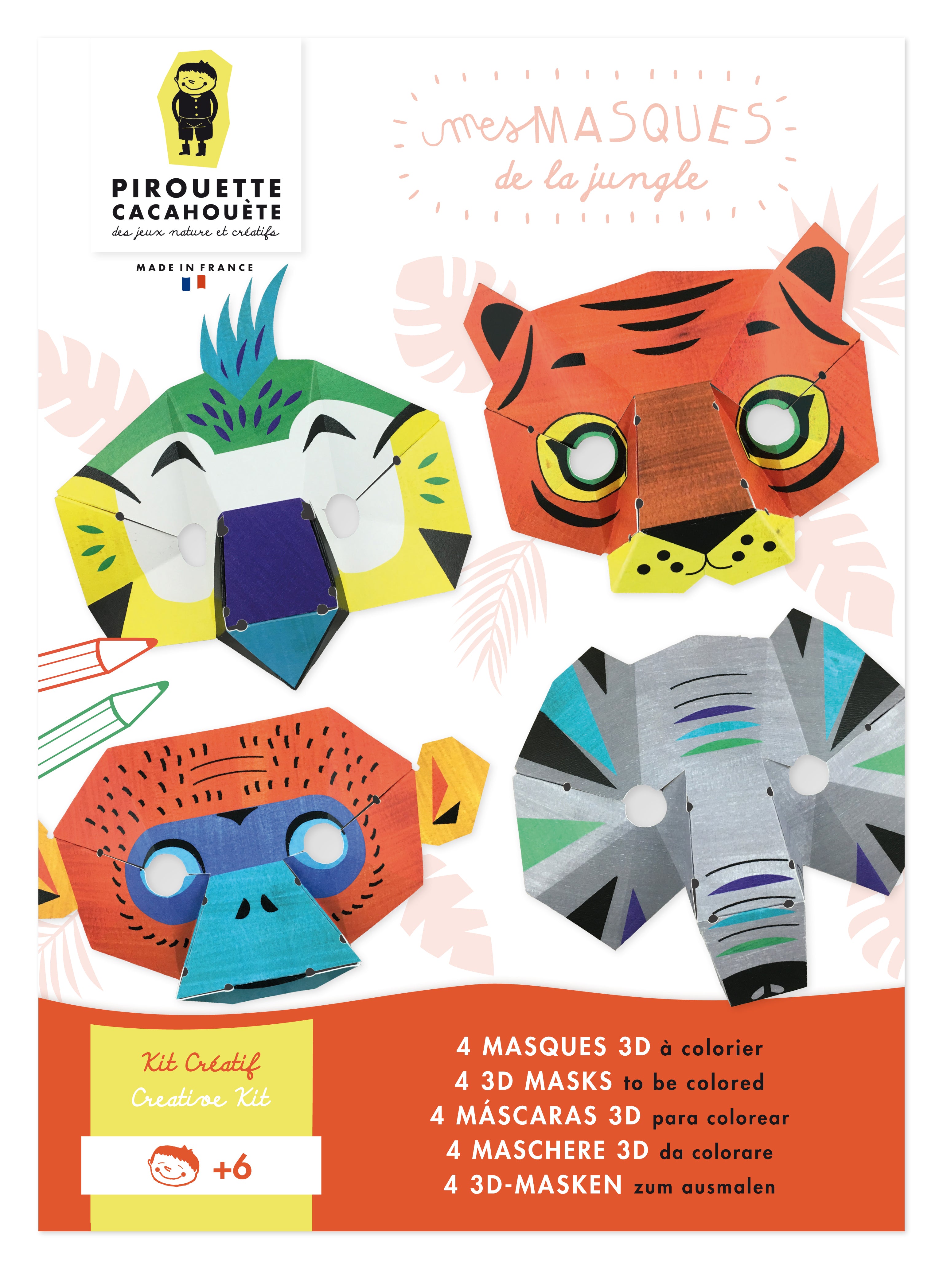 Amusez vos enfants avec les masques de la Jungle ! 4 masques d’animaux à fabriquer et à colorier. Système sans colle Elastiblock®. Éco-responsable, fabriqué en France.