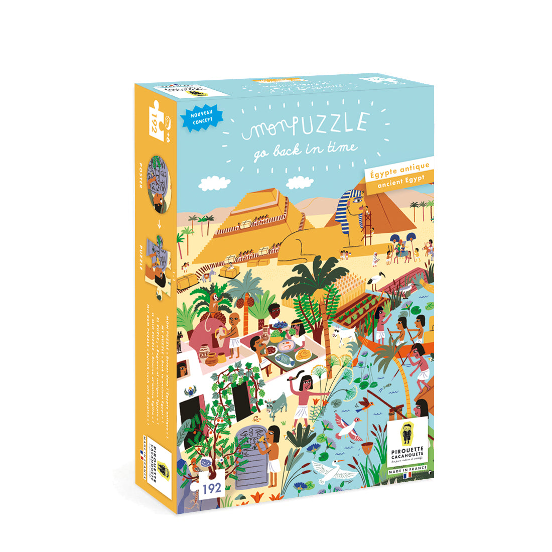 Découvrez "Mon Puzzle à Remonter le Temps" de Pirouette Cacahouète : un jeu de 192 pièces qui vous plonge dans l'Égypte ancienne à travers une scène contemporaine. Parfait pour les enfants dès 6 ans, fabriqué en France pour une qualité exceptionnelle !