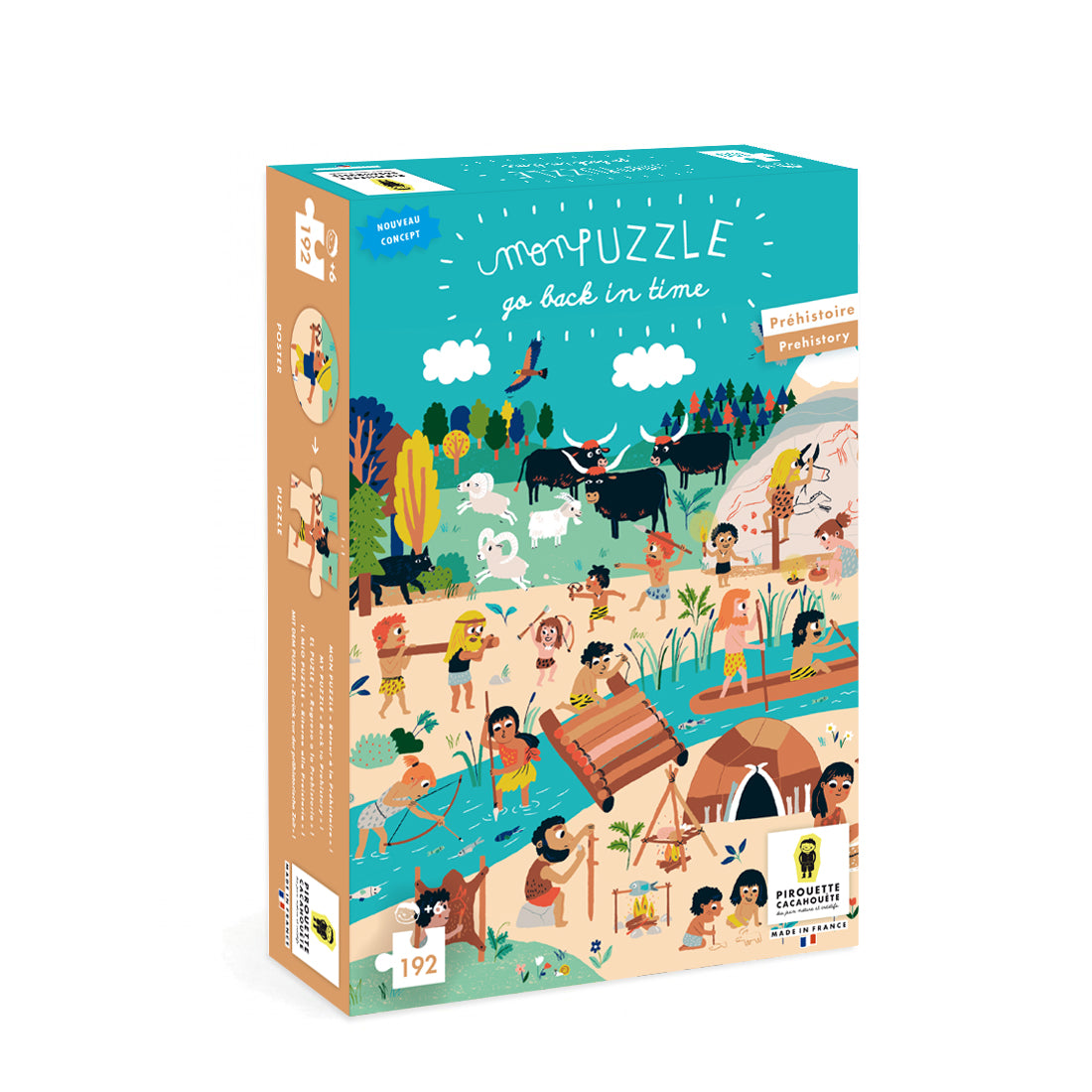 Explorez "Go Back in Time" de Pirouette Cacahouète : un puzzle de 192 pièces qui vous plonge dans la Préhistoire à partir d'une scène contemporaine en nature. Idéal pour les enfants à partir de 6 ans, ce puzzle innovant allie apprentissage et amusement !