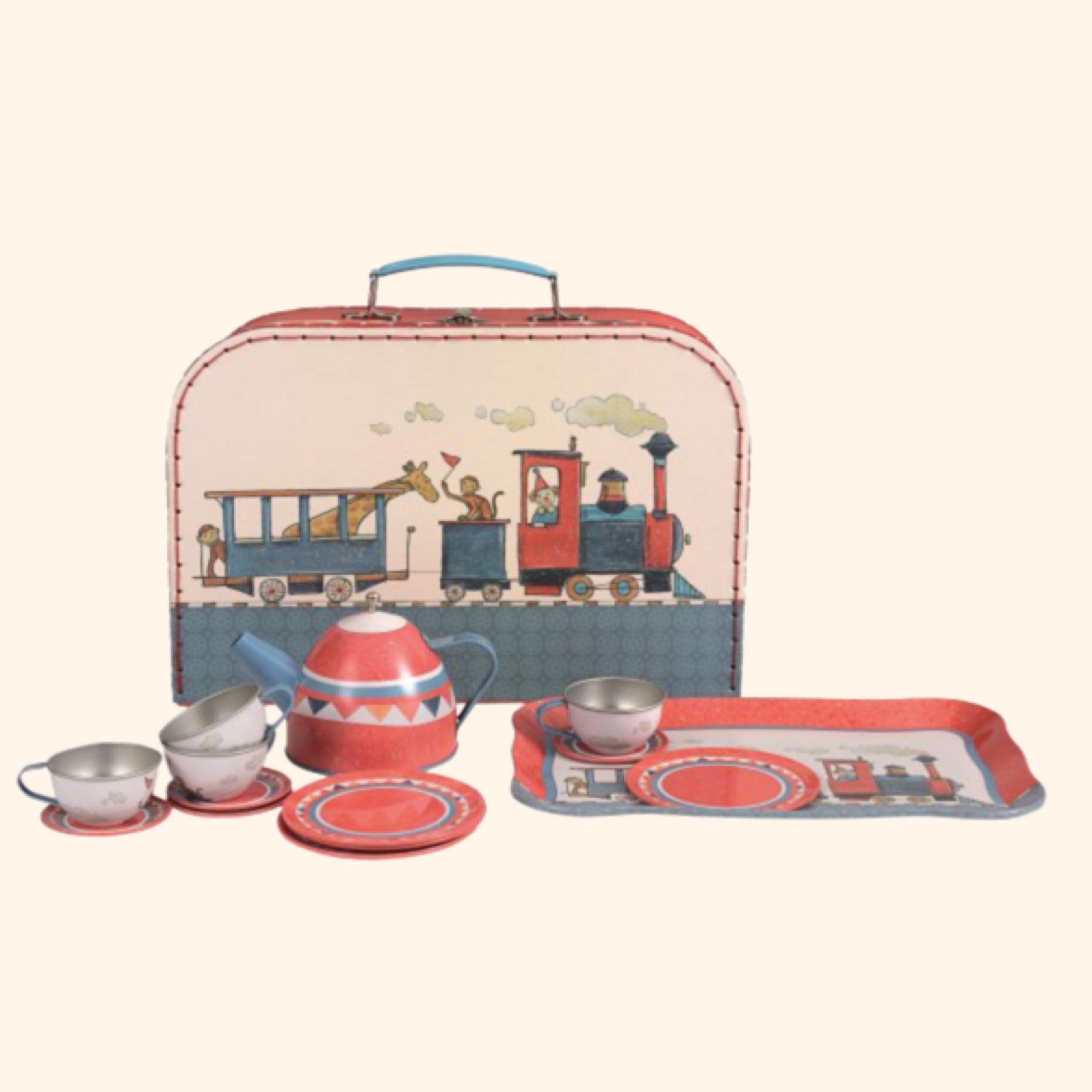 Découvrez la dinette service à thé en métal rouge avec motif train, idéale pour les enfants dès 3 ans. Pratique à emporter grâce à sa jolie valisette en carton. Profitez d'un ensemble complet pour des moments de jeu inoubliables !