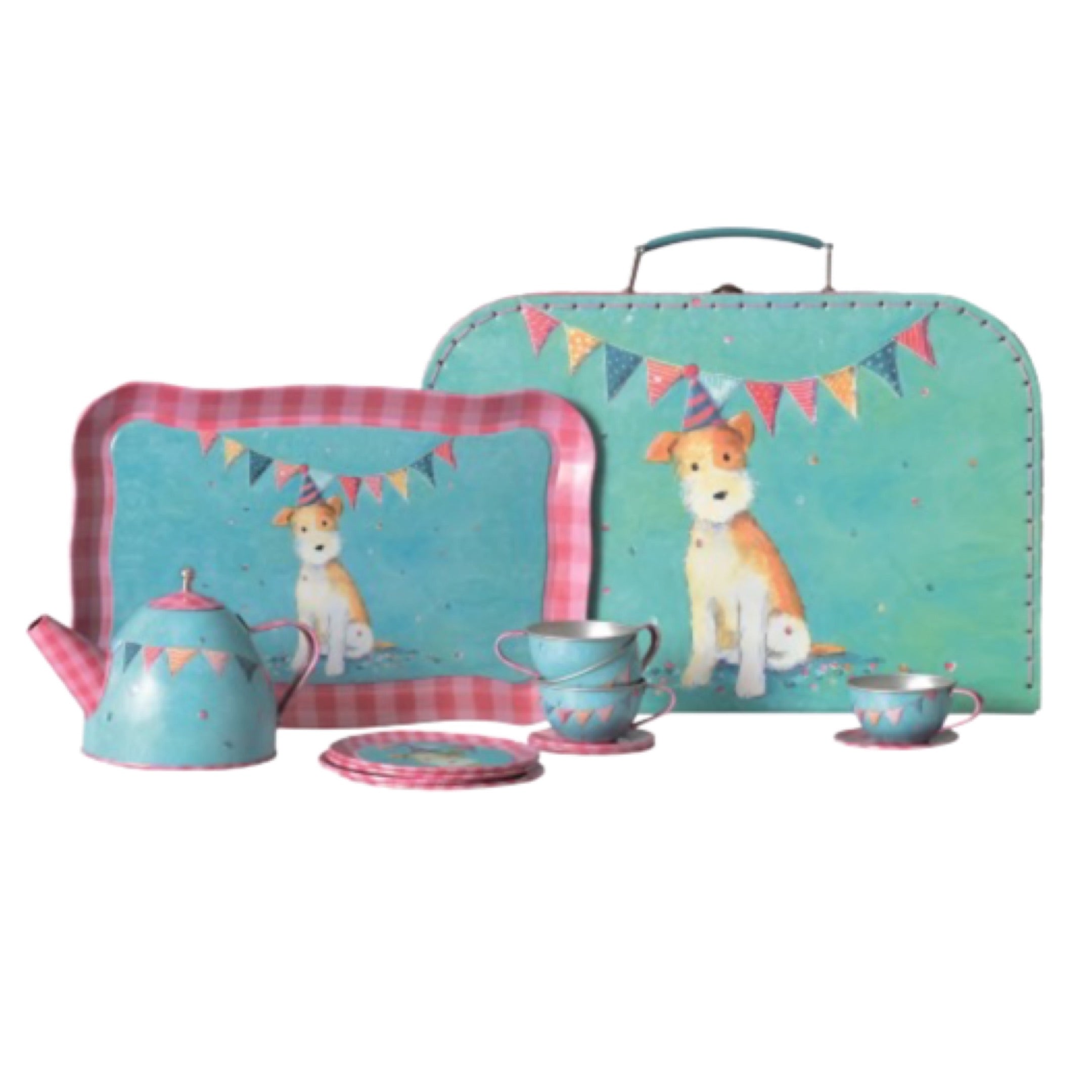 Découvrez le set de thé en métal Eliot pour enfants dès 3 ans. Décoré pour la fête et assorti au chien Eliot, avec une valisette en carton pratique. Parfait pour des moments de jeu joyeux et créatifs.