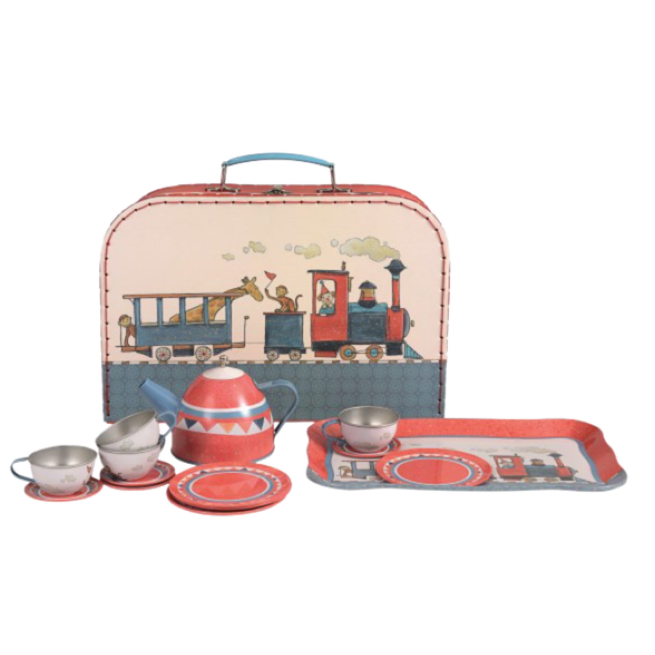 Découvrez la dinette service à thé en métal rouge avec motif train, idéale pour les enfants dès 3 ans. Pratique à emporter grâce à sa jolie valisette en carton. Profitez d'un ensemble complet pour des moments de jeu inoubliables !